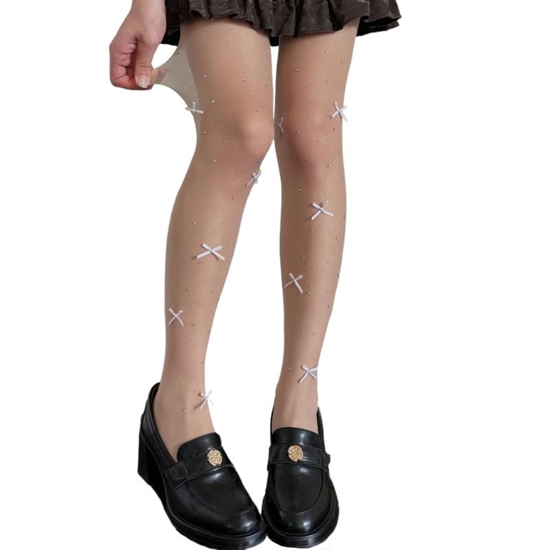 Aesthetic Sparkly Rhinestones Bowknot Sheer Pantyhose Stockings Women Thin See Through Silky Tights Shimmering Leggings