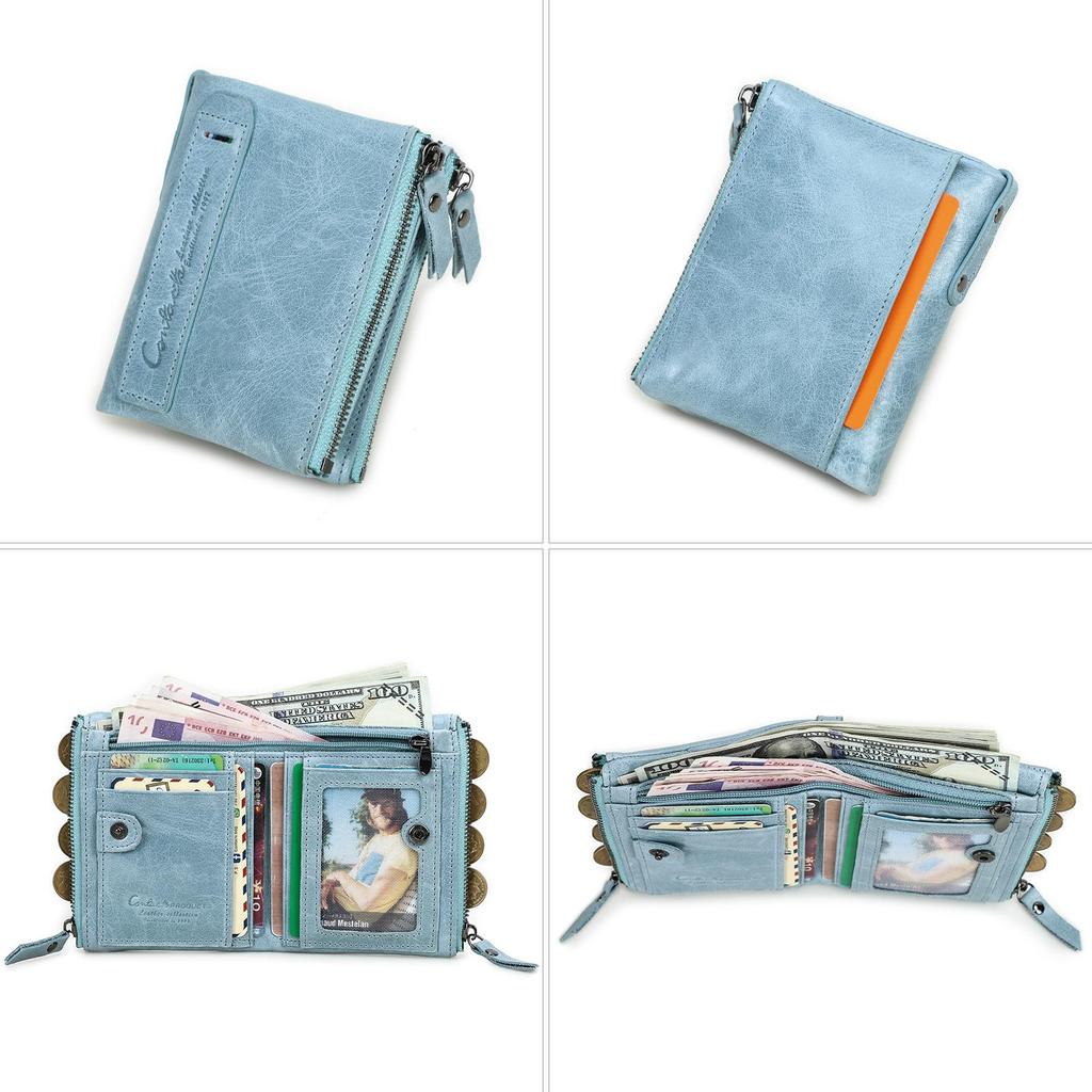 CONTACT'S Fashion Genuine Leather Women Wallet ID Card Holder With Double Zipper Small Women's Coin Purse