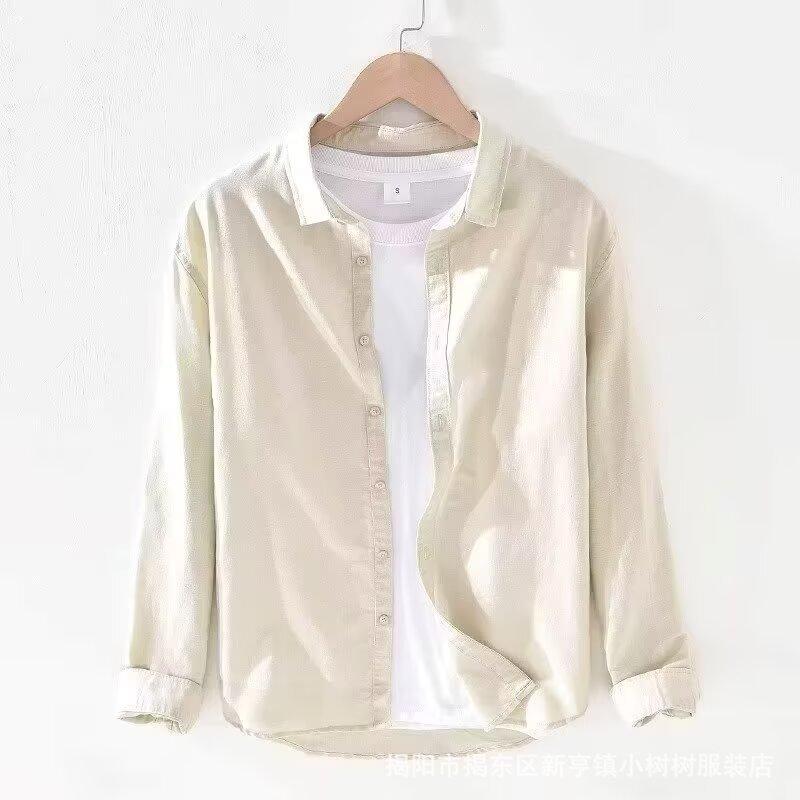 Camping Spring Summer Linen White Long-Sleeved Shirt, Men's Cotton&Linen Shirt, Business Casual, Comfortable Loose Blouson