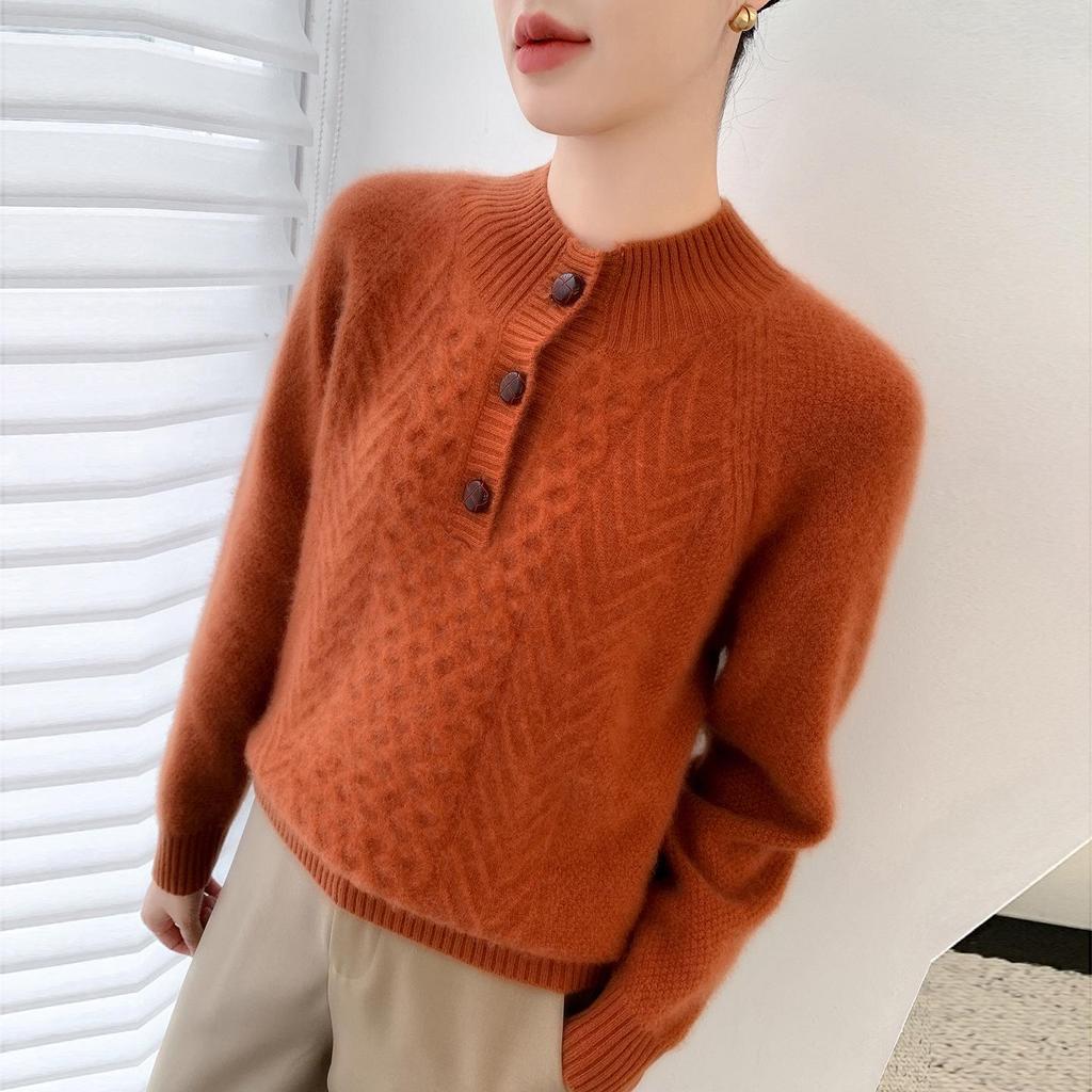 Women's Thickened Cashmere Sweater - Half-High Collar, Half-Button Cable Knit, Loose & Slimming Design