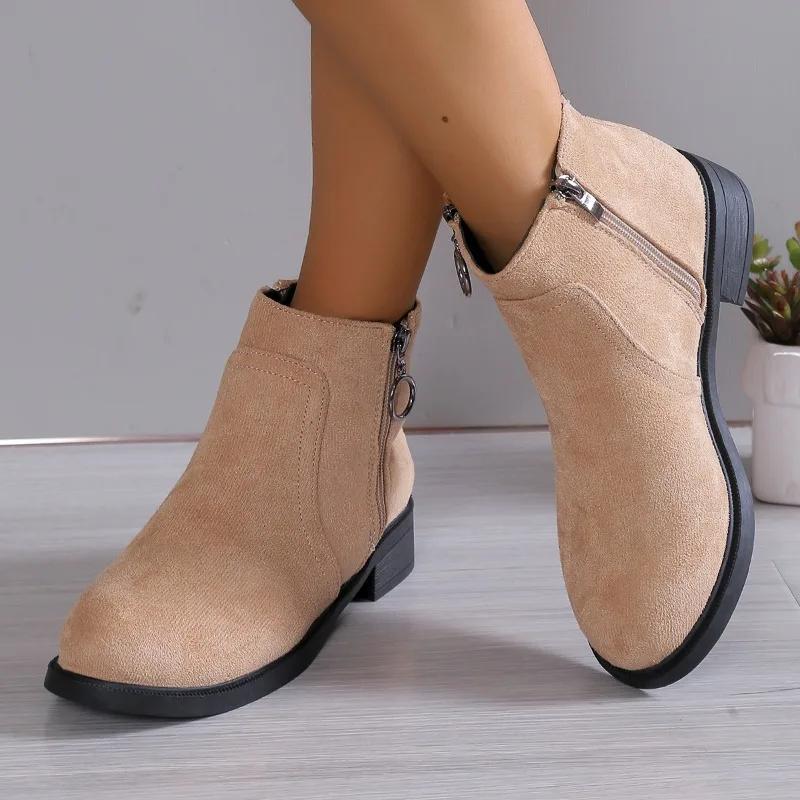 Fashion 2024 Spring and Autumn Hot Selling Women's Shoes Fashion Solid Color Round Toe Low Heel Short Side Zipper Women's Fashion Boots