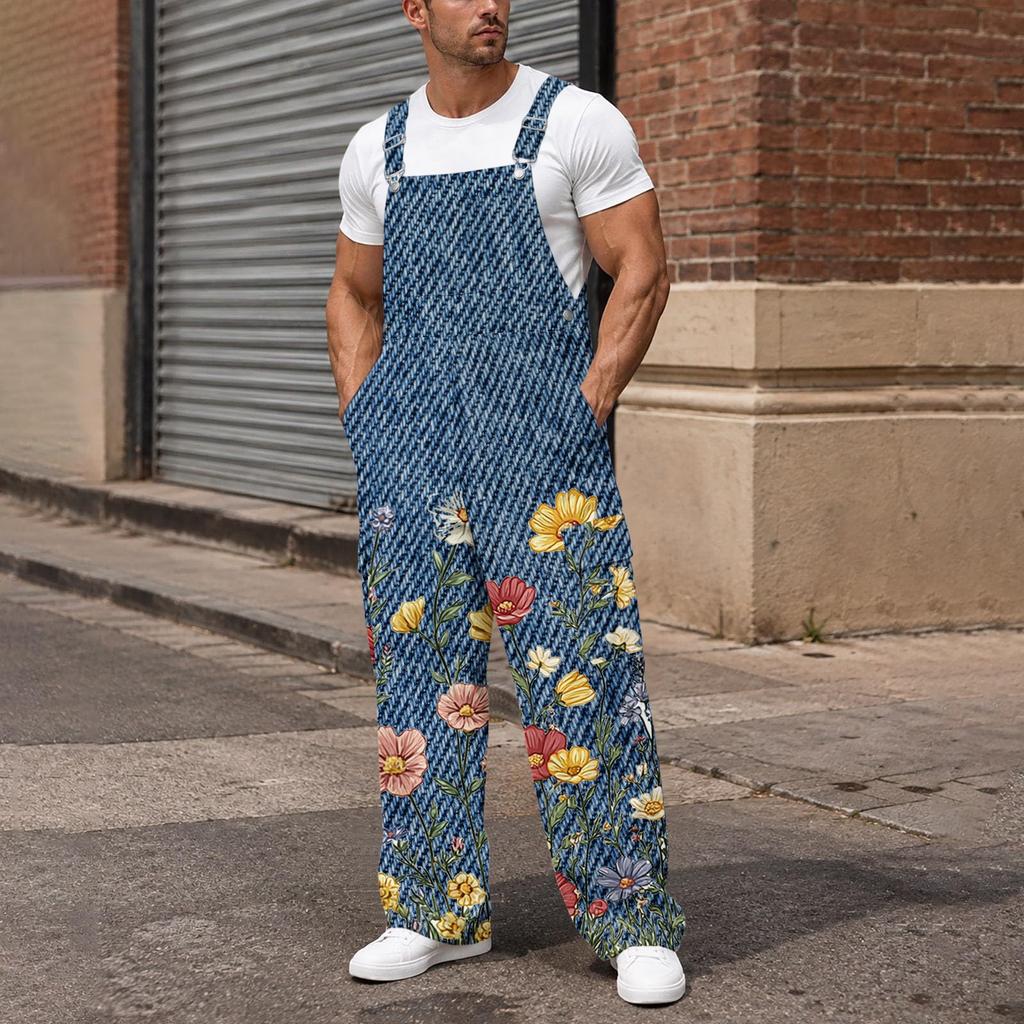Men's Loose Fit Cargo Overalls Wide Leg Jumpsuit with Multi-Pocket Utility Pockets