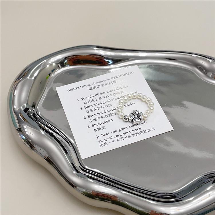 Korean Retro Geometric Heart & Clover Crystal Pearl Ring