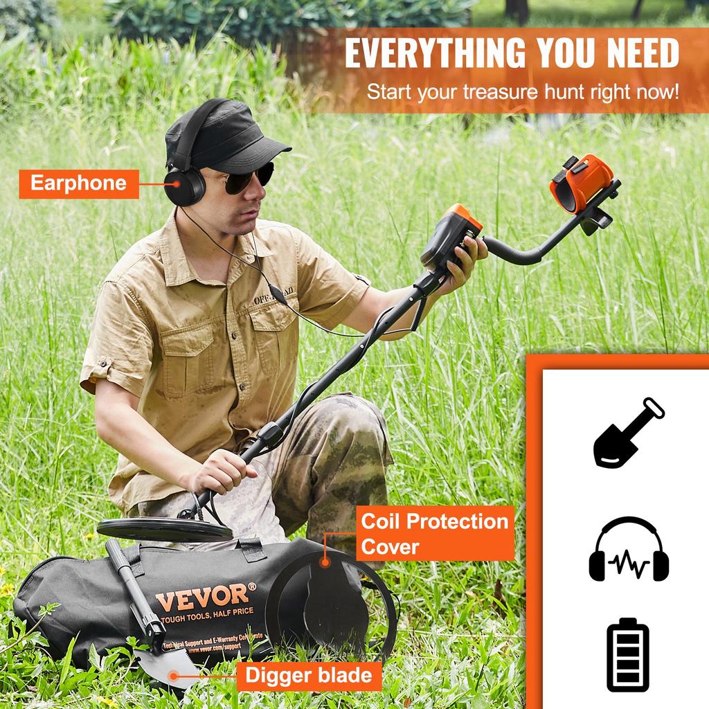 VEVOR Metal Detector for Adults & Kids, 25.4 Cm Waterproof Search Coil with LCD Display 7 Modes, Adjustable 104.1 Cm - 132.1 Cm Aluminum Stem