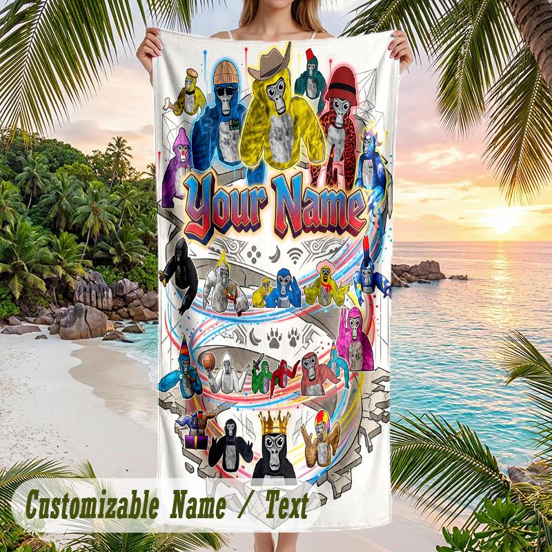 Gorilla Tag cartoon Beach Towel, Personalized Custom Text, Quick Dry Soft Large Towel For Swimming Pool Travel