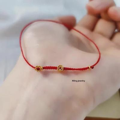 Etnický ultratenký pozlacený náramek ze stříbra S925 s květinovým vzorem a červeným provazem pro štěstí