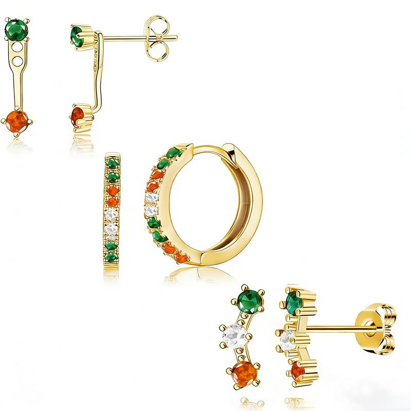 

Hot-selling red-green zircon copper-plated real gold ear buckle environmentally friendly electroplated copper jewelry three-piece jewelry earrings