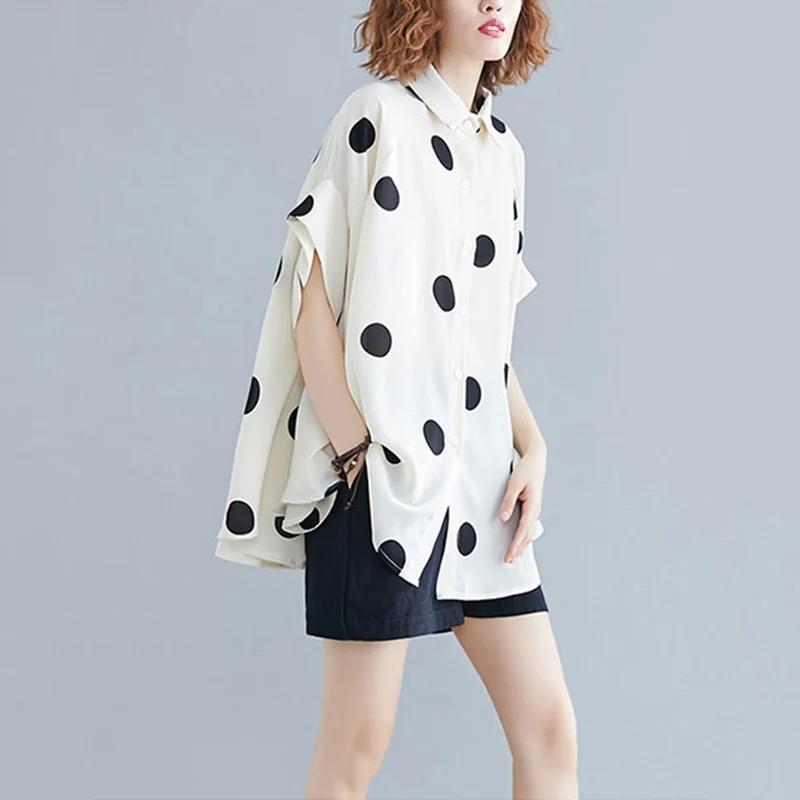 Black Vintage Polka Dot Print Blouse Women Lapel Short Sleeve Loose Casual Shirt Fashion Summer Clothes
