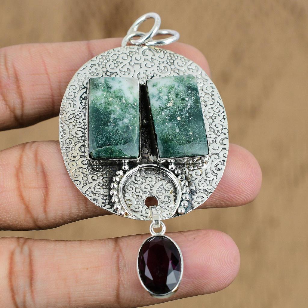 925 Silver Moss Agate Gemstone African Amethyst Handcrafted Wife Pendant Jewelry