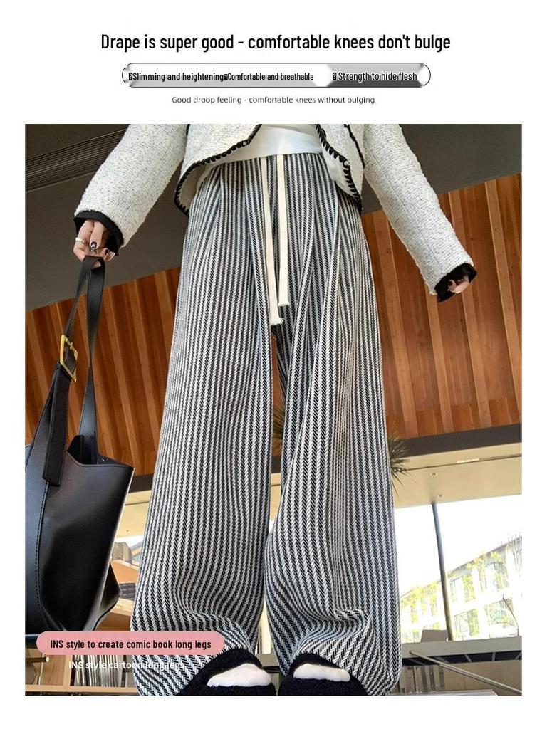 American Retro Pinstripe Woolen Petite Wide-Leg Pants - Casual Straight-Leg Streetwear 145cm