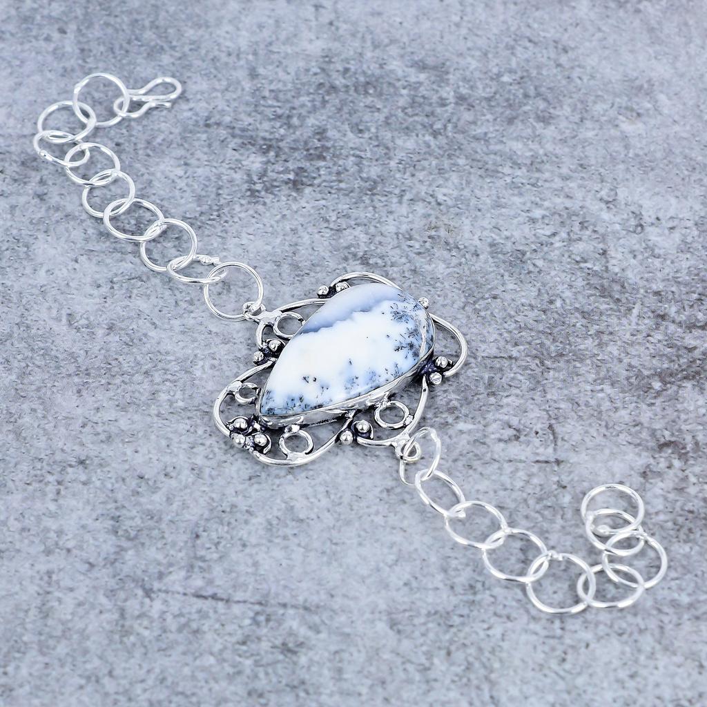 Dendrite Opal Gemstone Handmade 925 Sterling Silver Bracelet 7-8" M-2728