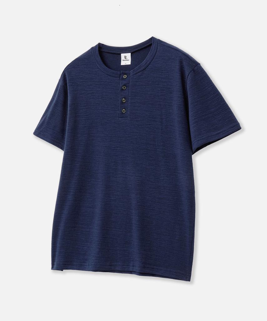 Dibellobeu Slub Henley Neck Short Sleeve T-Shirt_Navy