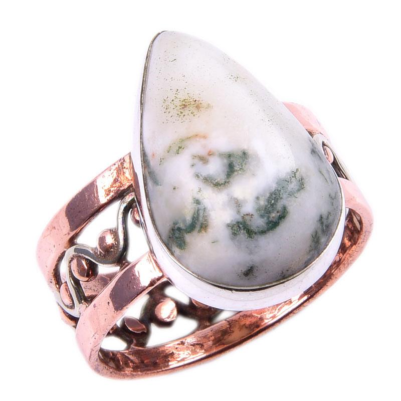 Natürlicher grüner Dendriten-Opal-Edelstein, 925er Sterlingsilber, zweifarbiger Ring, S.8 O0t04