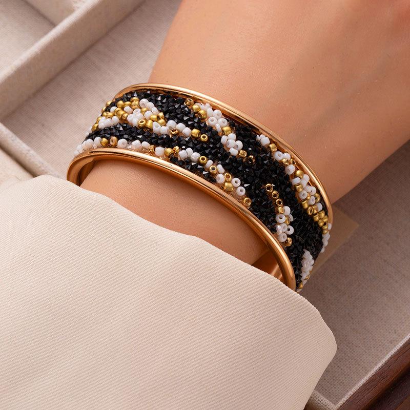Color Rice Bead Rhinestone Open Bracelet Exaggerated Wide Face Bracelet Fashionable Personality Cool Hand Jewelry