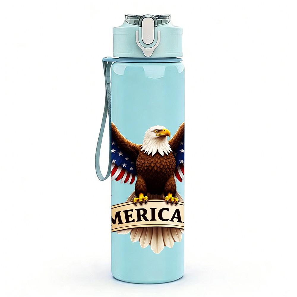 1PC Bald Eagle American Flag Patriotic Print 750ml Color Plastic Sports Water Bottle Leakproof Flip Straw Lid Suitable for Sports Office Home Use