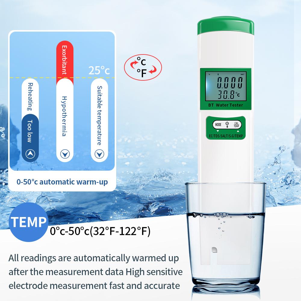 Bluetooth PH Meter 5 In 1 Water Quality Pen EC TDS SALT SG TEMP Meter 2 In 1 Water Tester PH Medidor Aquarium Pool Water Monitor
