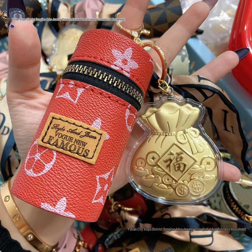 999 Pure Gold Fu Character Keychain: Vintage Flower Bag Charm & Cartoon Ornament Gift