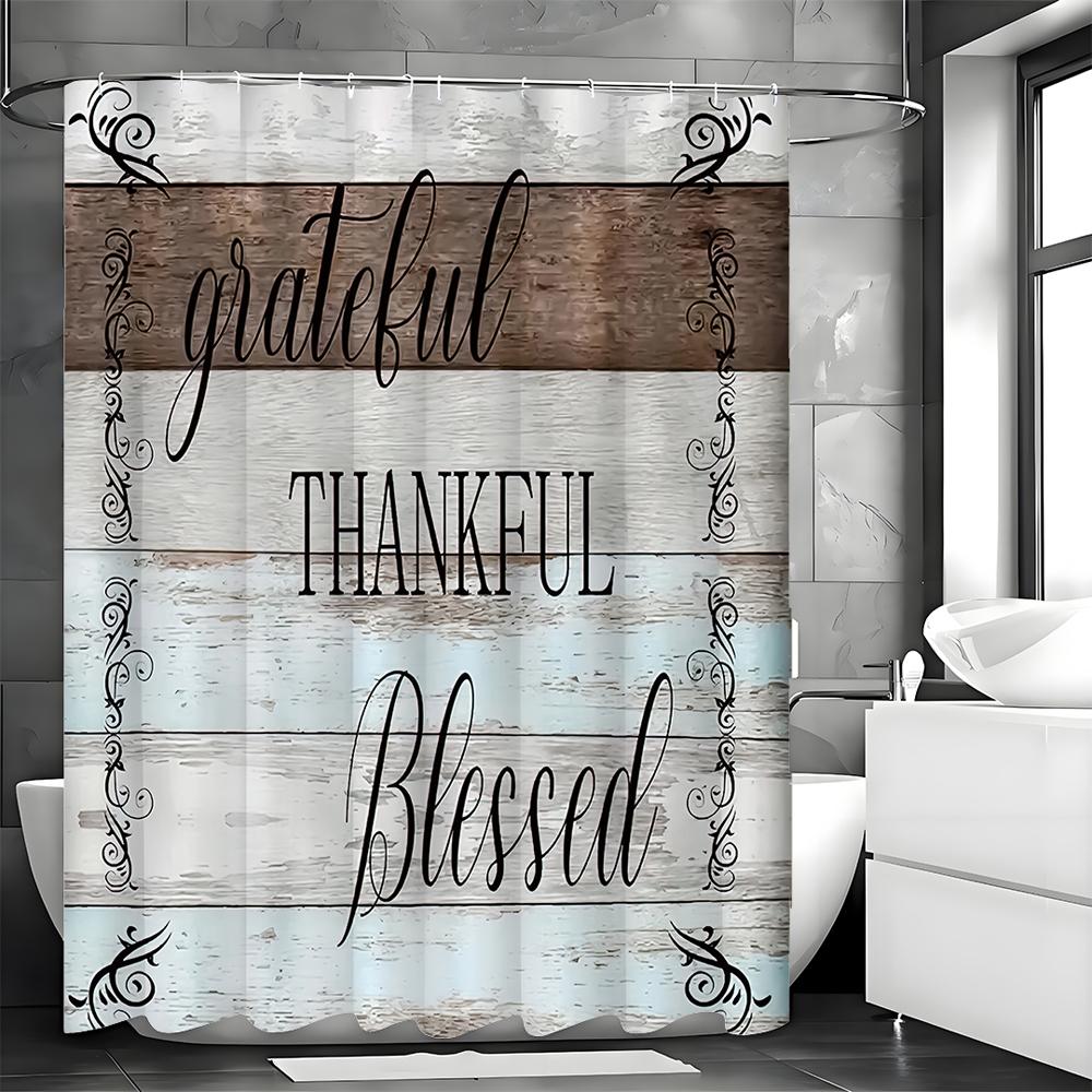 Rustic “Gratitude”, “Thank You”, “Blessings” Text Stylish Blue and White Design Shower Curtain, Bathroom Decorative Shower Curta