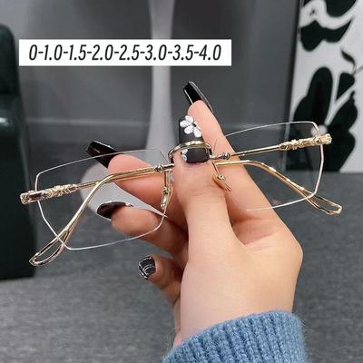 Men'S Frameless Myopia Glasses Ultra Light Anti Blue Light Finished Eyewear Metal Frame Near Sight Eyeglasses Diopter 0 To -4.0