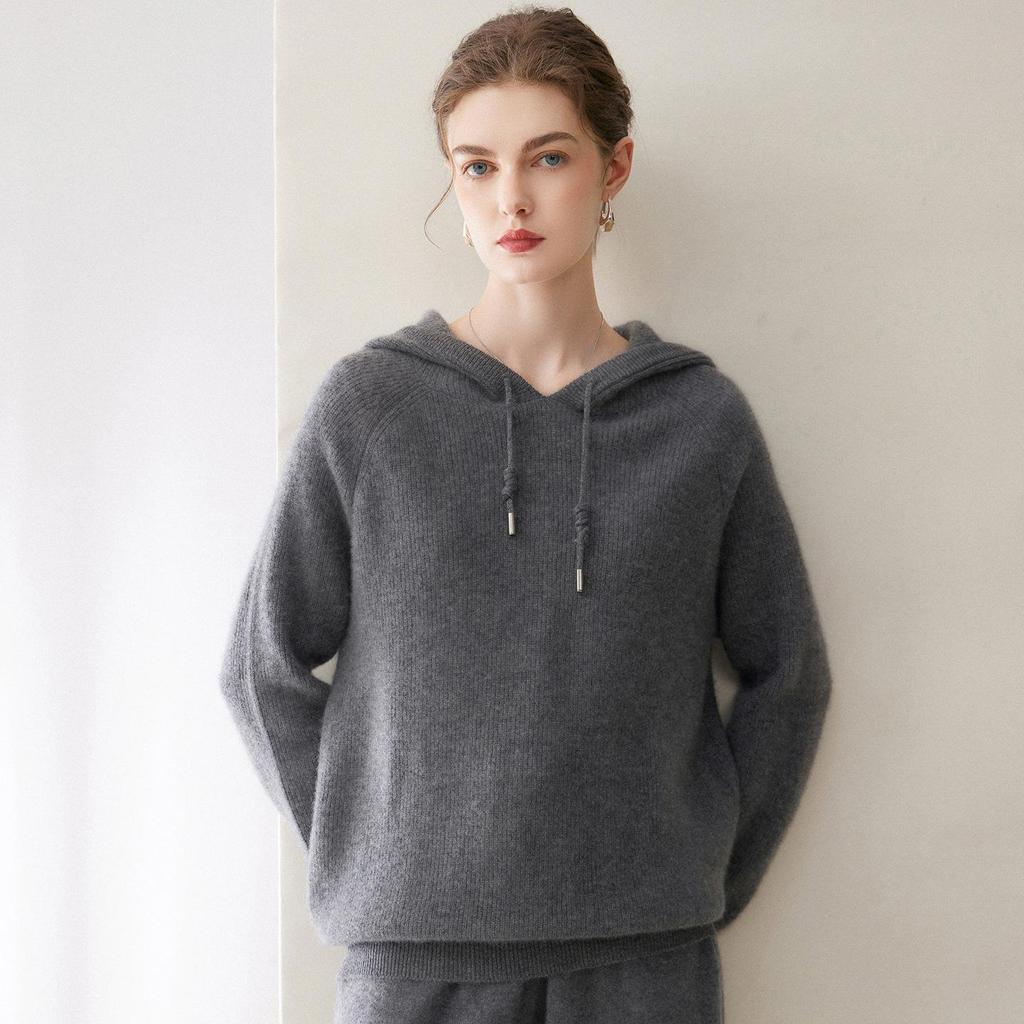 Women's Loose Knit Cashmere-Style Hooded Pullover Sweater, Solid Color, Base Layer for Autumn.