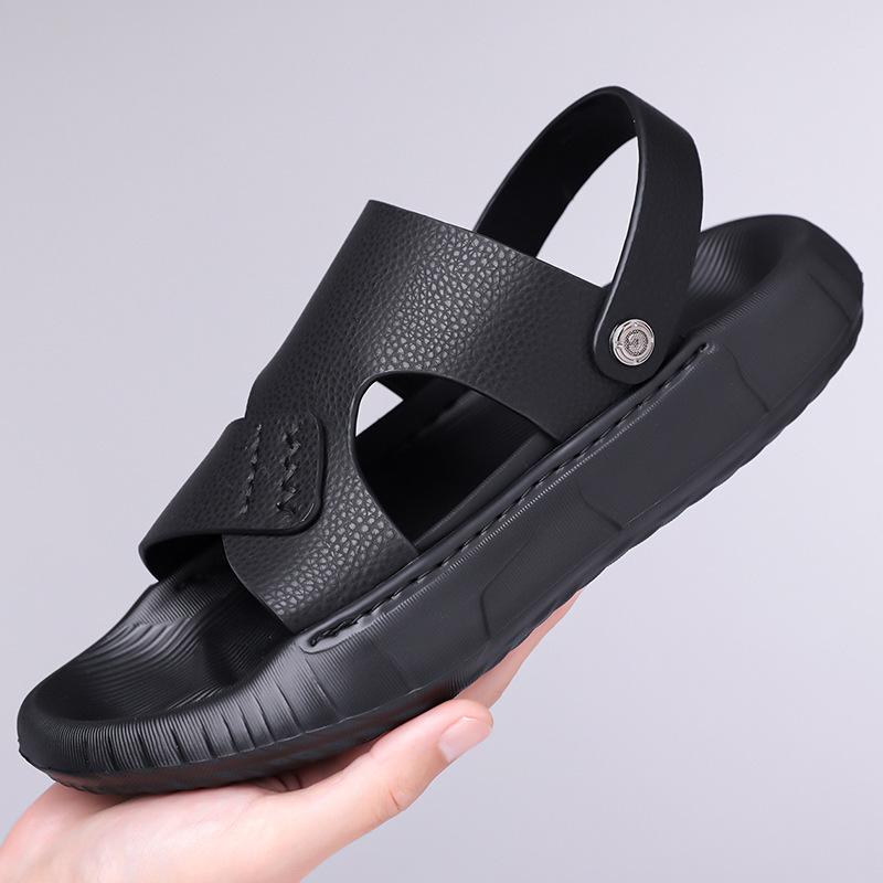 

Fashion 2025 Summer New Solid Color Leather Sandals for Men Anti-slip Platform Beach Shoes Male Fashion Casual Slipper Shoes Man 38 чёрный