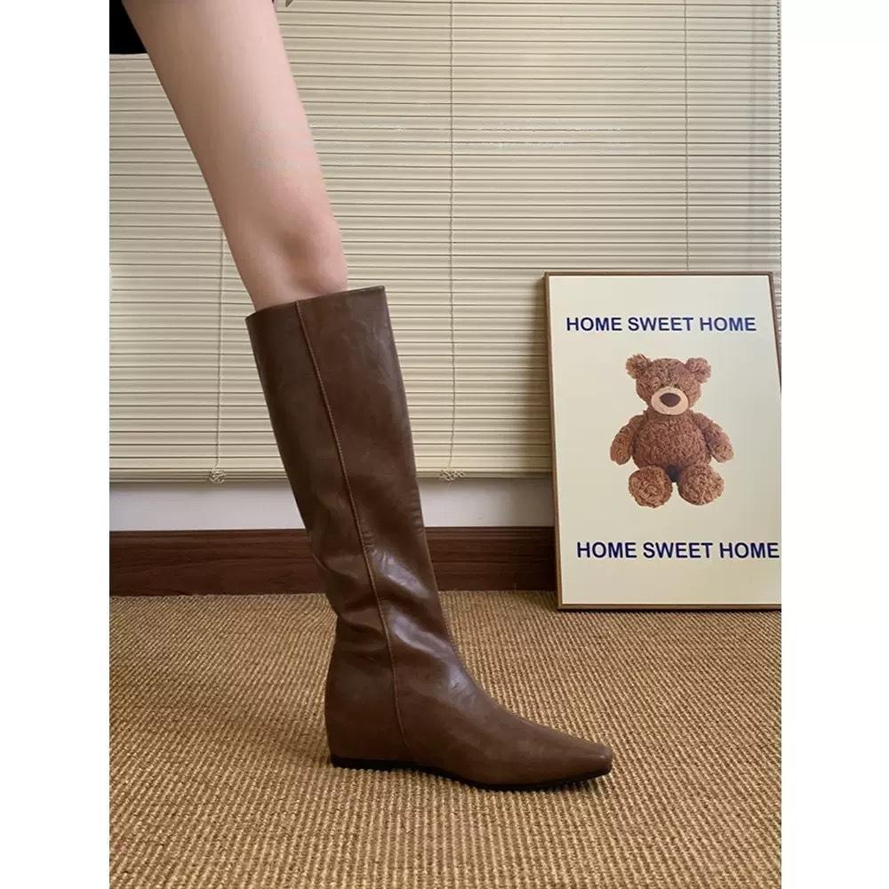 Not tired feet square head boots women's autumn and winter but knee knight boots black brown inner height-increasing leather boots