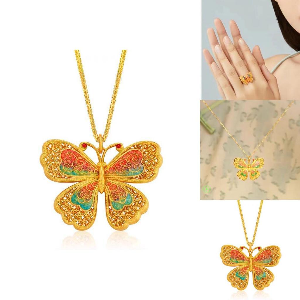 Chic Golden Butterfly Ring And Pendant Collection With Intricate Enamel Detailing