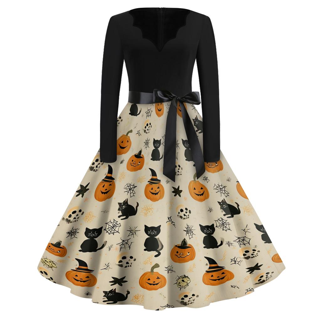 Women's Casual Vintage V Neck Dress with Halloween Print Long Sleeve Fit and Flare Knee Length Dress with Waist Tie Belt
