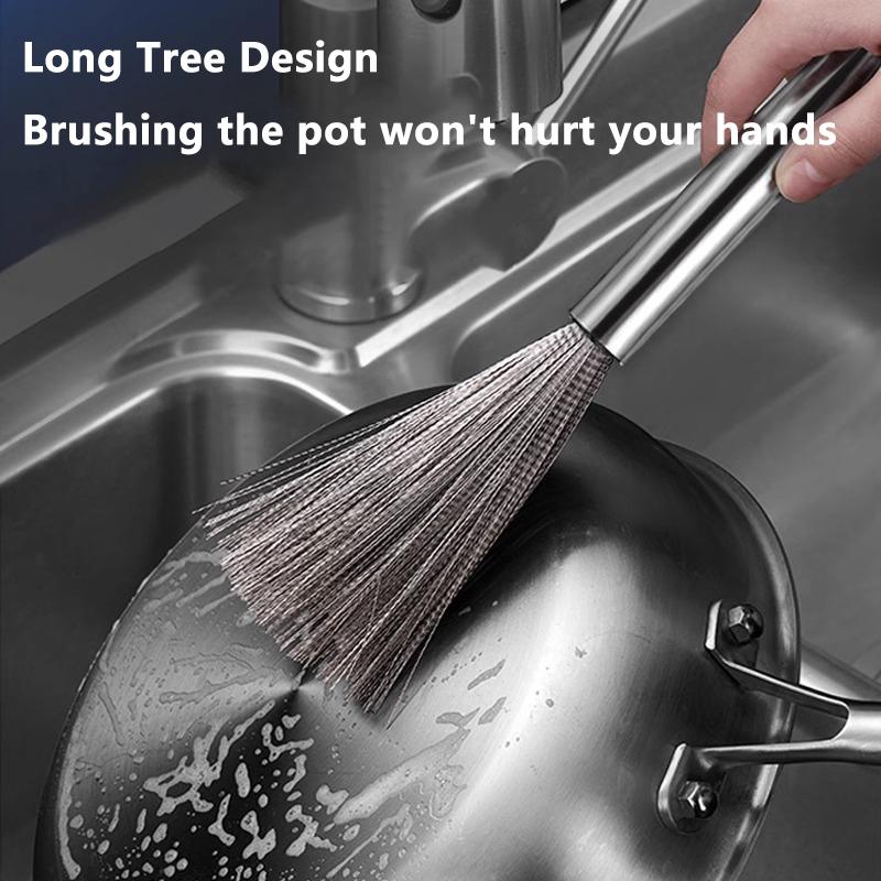Perie de curățare din oțel inoxidabil cu mâner lung, ustensile de curățat, anti-rugină, bucătărie, agățată, pentru tigaie și bol, instrument de curățare