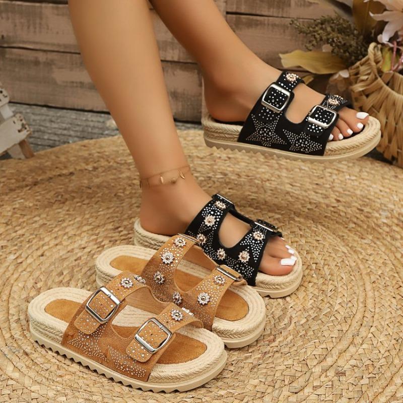 Casual Metal Buckle Thick Bottom Beach Slippers Women Summer 2026 Glitter Sandals Woman's Walking Shoes