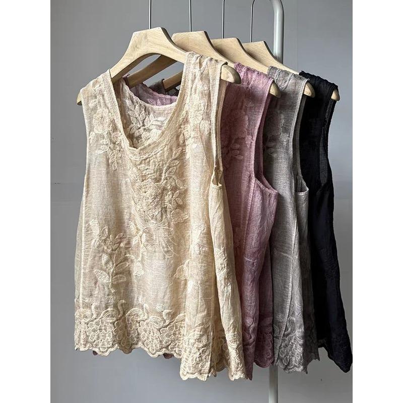 Summer Pure Cotton V-neck Single-breasted Hollow Vest Loose Sleeveless Cardigan with Vest Thin Large Size Top Women