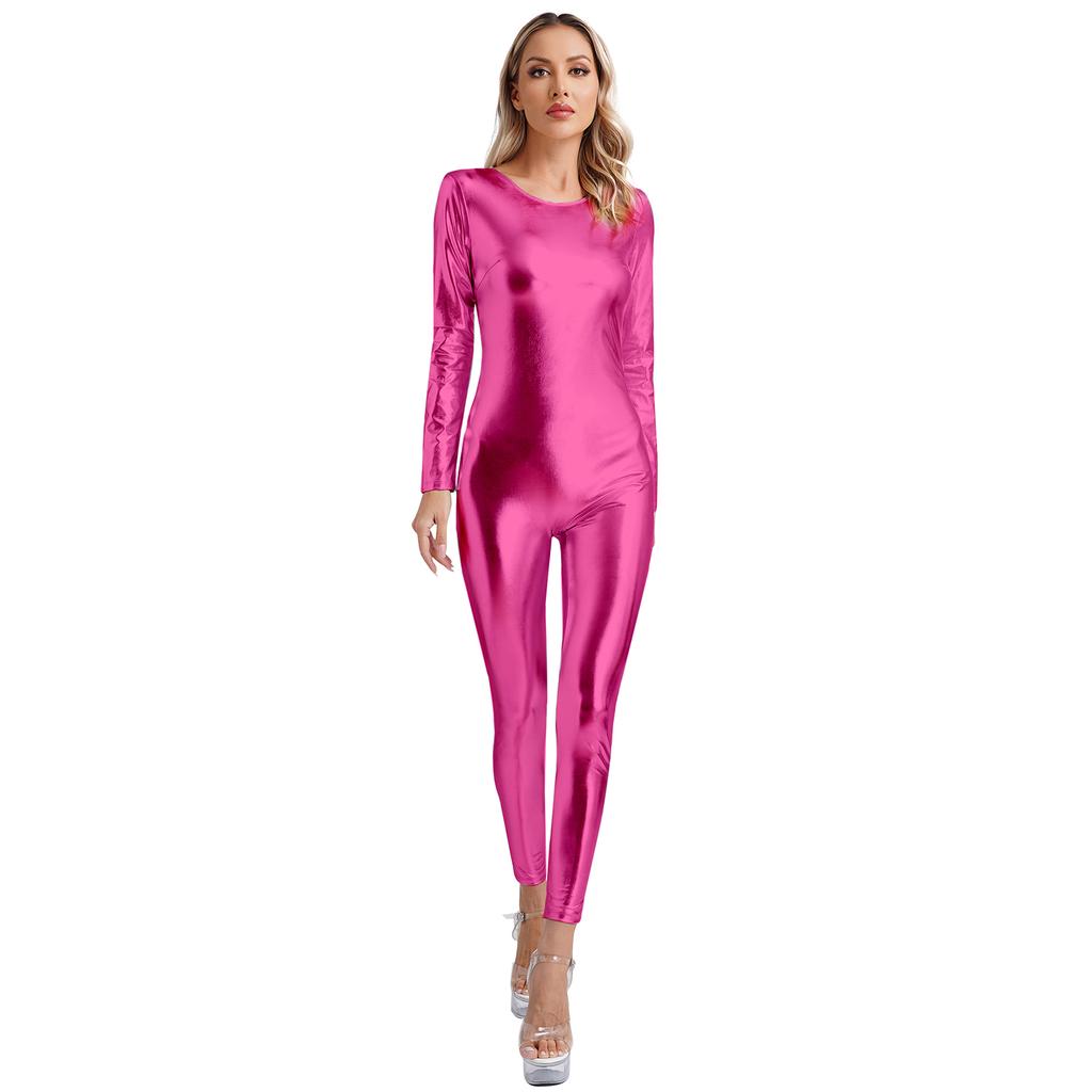 Costume de Festival Body Metalic Dintr-o Bucată pentru Femei Haine de Club Strălucitoare Haine de Dans Mânecă Lungă cu Gât Rotund Croială Slim Fit Body Full Corp Costume de Festival