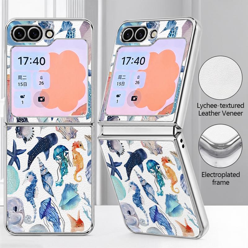 Jellyfish Dolphin Pattern Case For Samsung Galaxy Z FlIP 7 FE 6 5 Z Flip7 Flip6 Flip5 Luxury Plating PC+PU Leather Hybrid Folding Phone Cover
