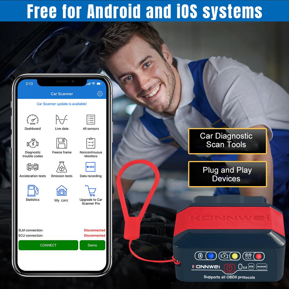 KONNWEI KW905 BT 5.0 Wireless OBDII Car Auto Diagnostic Scan Tools Car Detector Tester Scanner for IOS Android System,