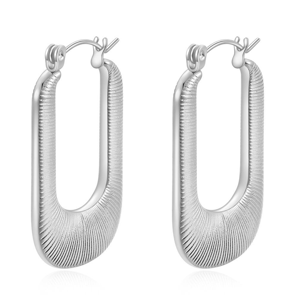 18K Gold Rectangular Hollow Carved Thread Stainless Steel Earrings for Women