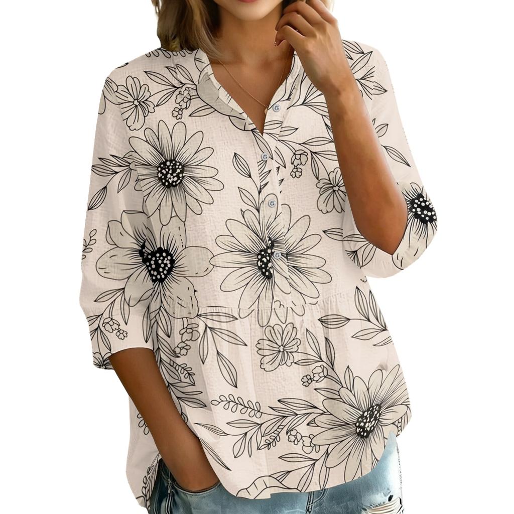 Camicetta da Donna a Bottoni con Collo, Vestibilità Larga, Stampa Floreale Vintage, Manica a Tre Quarti, Top Casual per Uso Quotidiano