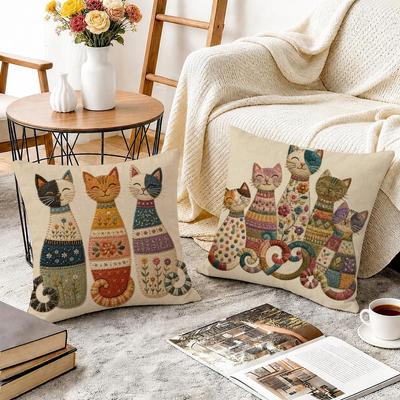 Cute Cat-Patterned Cushion Cover Durable Hypoallergenic Organic Linen Pillow Cover Short Size Washable Skin-Friendly