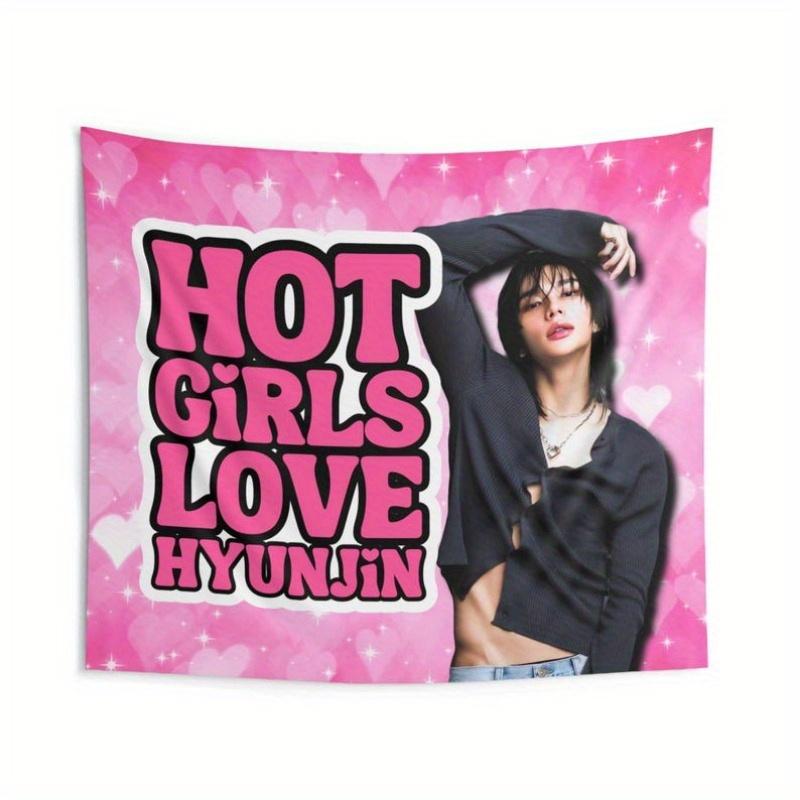 1pc SKZ Hyunjin Hot Girls Love Hyunjin Concert Banner Pink Polyester Tapestry with Starry Design Perfect for Kpop Fans Birthdays 74x94cm(29x37in)