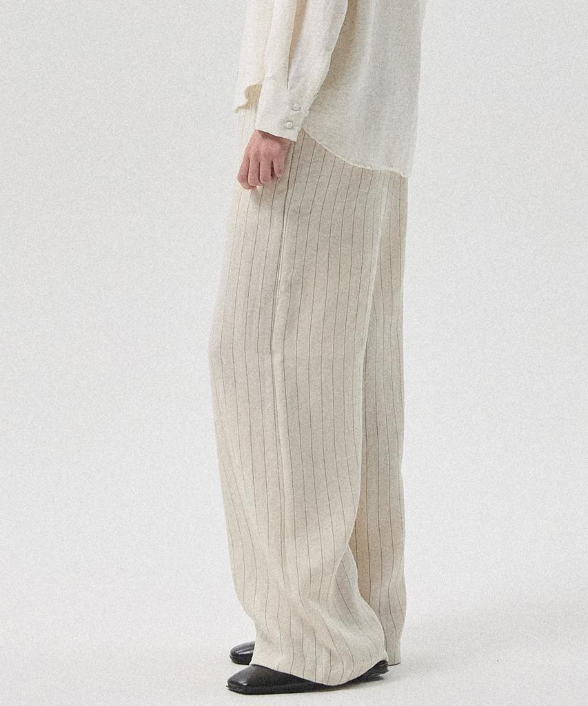 Aheule Sero Linen-Like Stripe Banding Wide Straight Pants_Beige