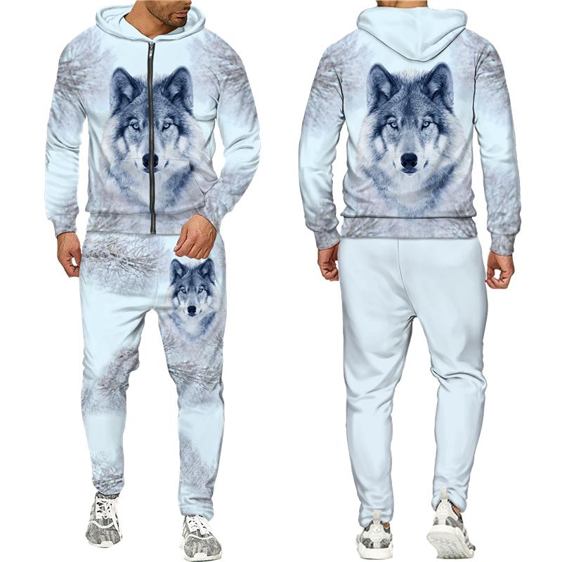 Tuta colorata con stampa 3D lupo Cool Hip Hop Streetwear Felpa con cappuccio con cerniera Tuta Uomo Donna Felpa con cappuccio casual Pantaloni da jogging