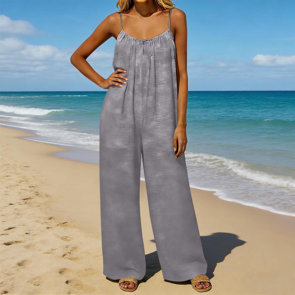 Damen-Jumpsuit, Lässige und lockere Passform, Mit rückenfreiem Design und dünnen Vintage-Trägern. Dieser Loungewear-Jumpsuit ist aus Baumwolle und Li