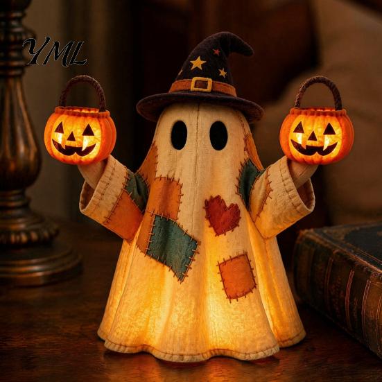 Indoor Halloween Party Supplies Lighted Vintage Patchwork Ghost, LED Light Up Ghost with Pumpkin Lantern, Spooky Nostalgic Fall Mantel Decor Cute for