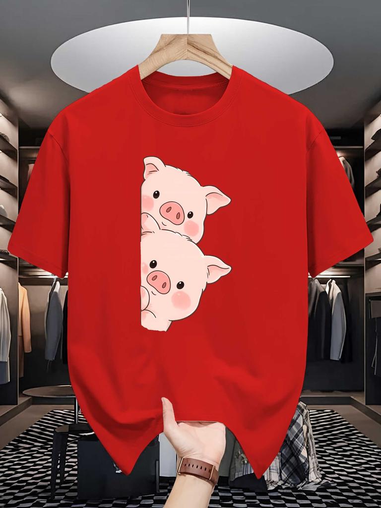 Cartoon Pig Theme Unisexs Red Short Sleeve Cotton Tshirt Two Adorable Blush Pig Peeking Out Minimal Cute Animal Breathable Tops