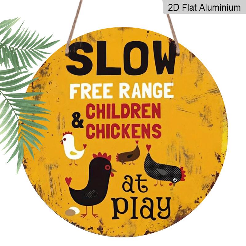 2D Flat 1pc, 8x8 in, Slow-Free Range Chicken Farm Sign - Rustic Aluminum Metal Decorative Signs & Plaques, Durable Indoor/Outdoor Decoration Suitable