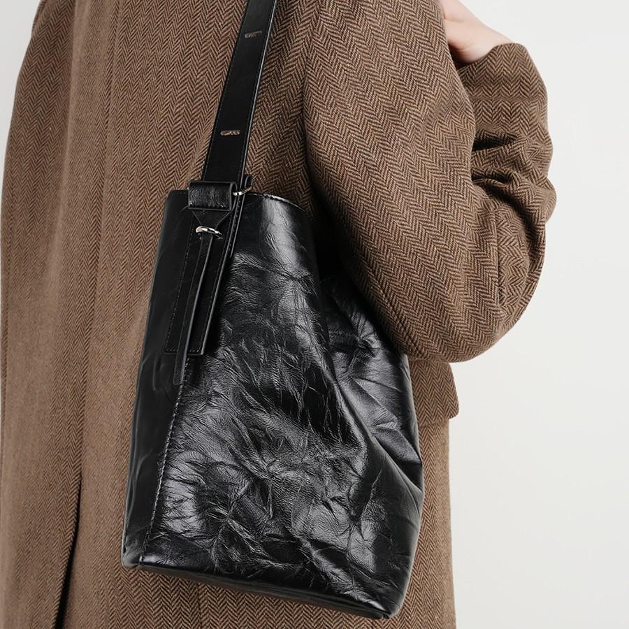 Faul Und Bequem Plissierte Erste Schicht Rindsleder Eimer Tasche Damen Premium Tragetasche Echtes Leder