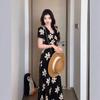 French retro temperament dress, summer new collar niche floral dress, holiday style waist and thin medium and long dress