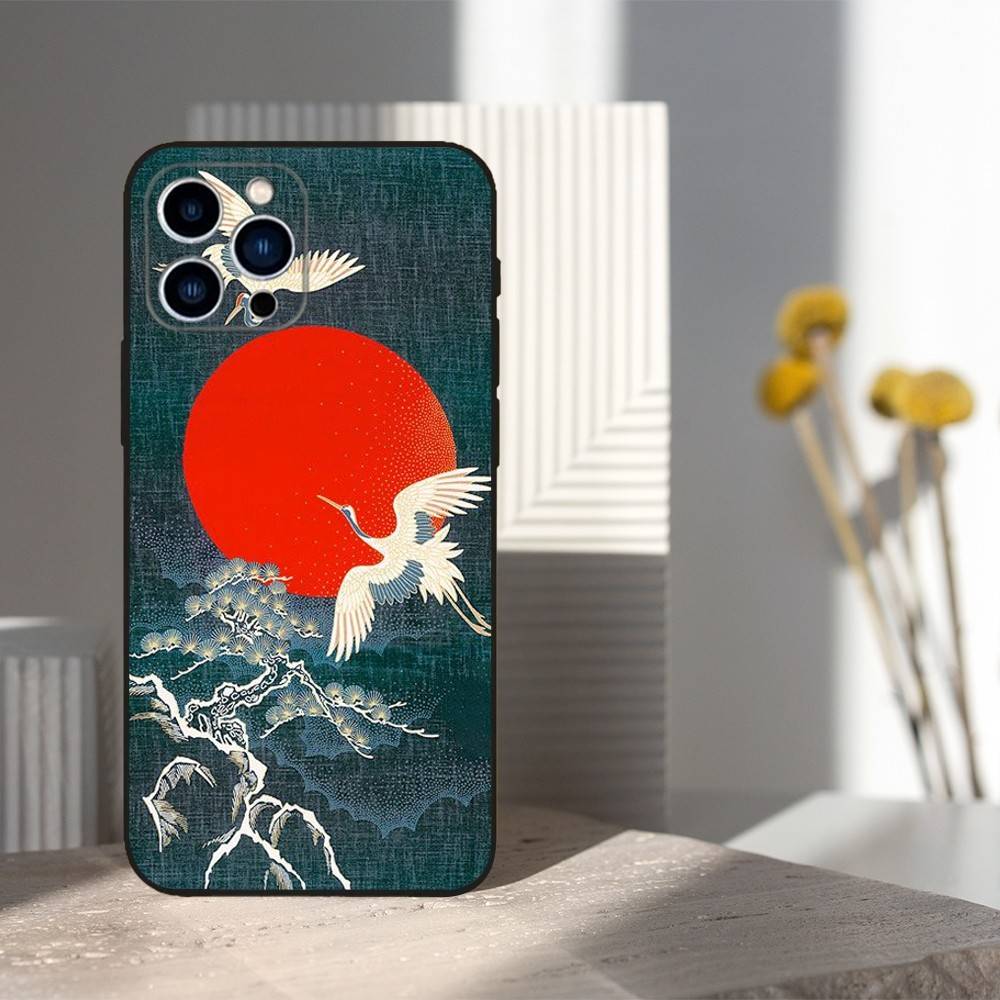 Japanischer Kunststil Hülle Für iPhone 11,12,15,14,13,16,17,Plus,Pro Max,XS,X,XR,SE,Mini,8,7,Weiches Silikon Schwarz