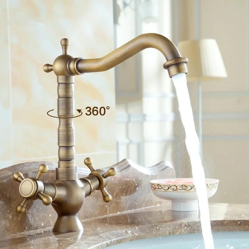

Dual Handles Basin Faucet Brass Bronze Finished Mixer Taps 360 Rotation Antique Bath Sink Faucet Deck Mounted Water Taps Brass