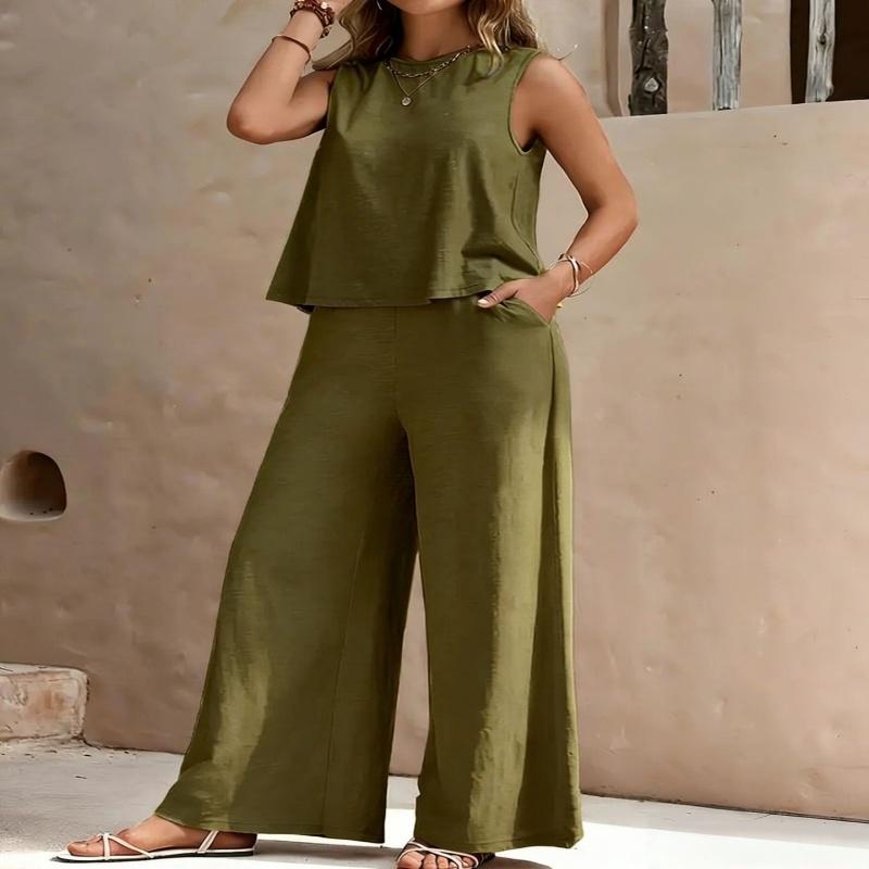 New Women's Sleeveless Vest And Trousers Two Piece Set Fashion Solid Color Two Piece Round Neck Top Pants Suit Casual Set