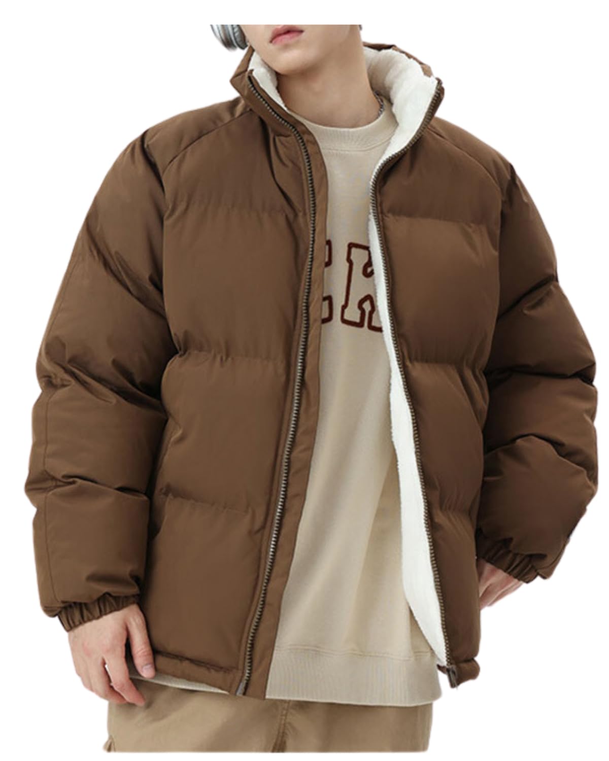 

Wechose Winter Fluffy Solid Simple Men s Coat, Fleece-Lined, Stand-Up Collar, Thick, Windproof, Warm, Color, Design, Casual, Unisex, Coffee-L